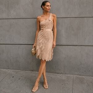 Adrianna Papell Champagne One Shoulder Chiffon Wedding Guest Bridesmaid Dress 10